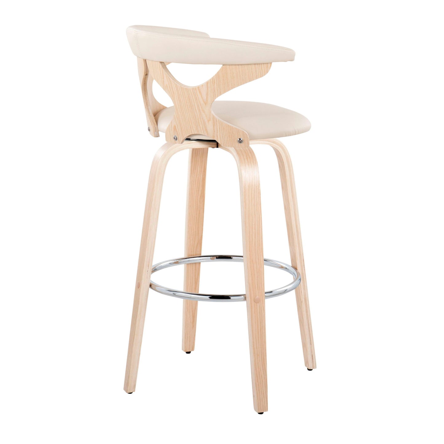 The Gardenia Contemporary Fixed Height Barstool (set of 2) features light wooden legs, a curved backrest, padded cream seat, round metal footrest, and smooth minimalist lines with a natural wood finish. Swivel design included.
