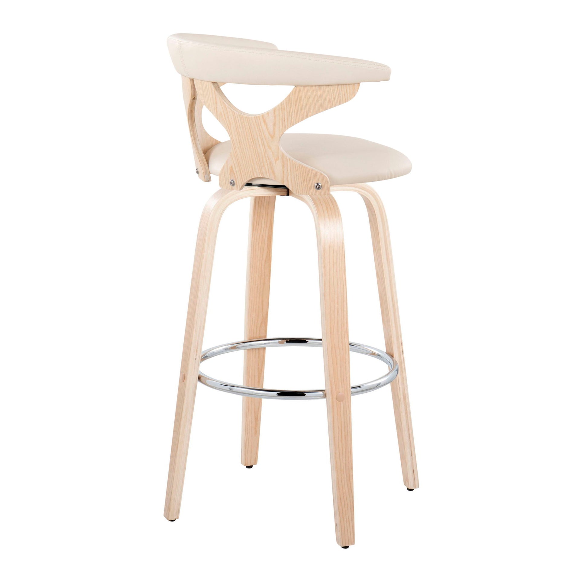 The Gardenia Contemporary Fixed Height Barstool (set of 2) features light wooden legs, a curved backrest, padded cream seat, round metal footrest, and smooth minimalist lines with a natural wood finish. Swivel design included.