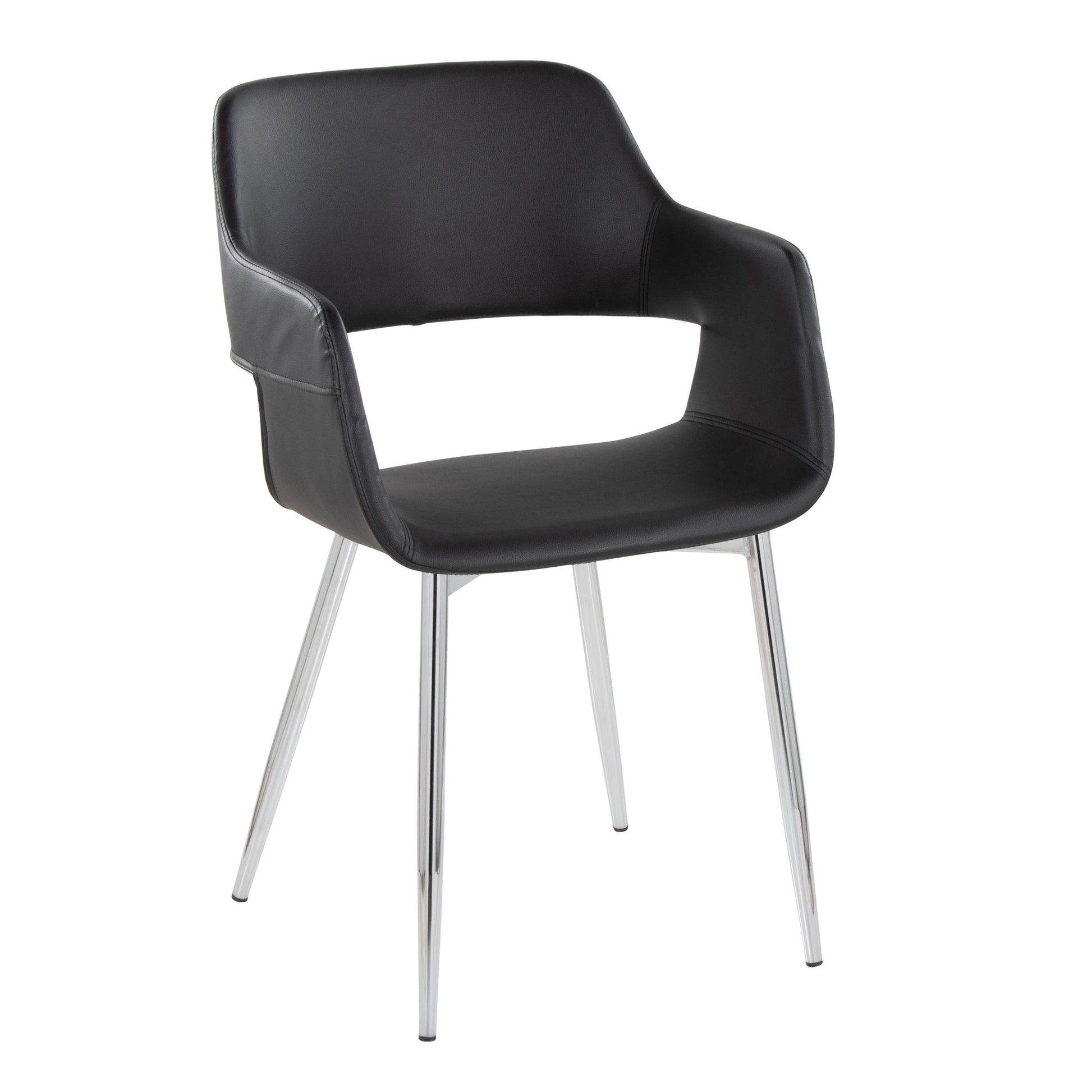The Margarite Contemporary Dining Chair (Set of 2) features a modern black design with a curved backrest, open lower back, and four slim, outward-angled metal legs.
