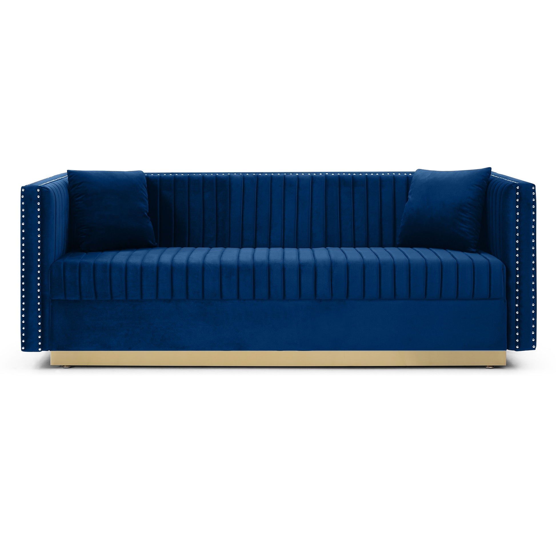 The Contemporary Vertical Channel Tufted Velvet Sofa Loveseat 2-piece set features blue velvet, vertical stitching, square arms with silver nailhead trim, 4 matching pillows, and a gold metal base.
