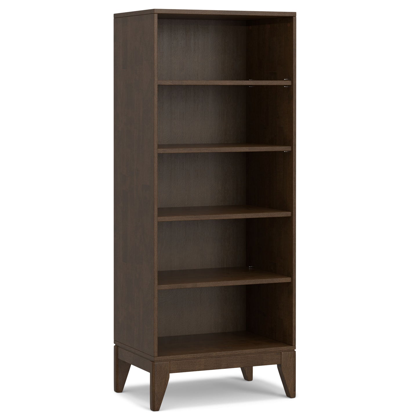 The Harper Handcrafted Bookcase With Storage is a tall, rectangular wooden shelf in a dark brown finish. It has four adjustable shelves, short angled legs, and features a simple, modern design.