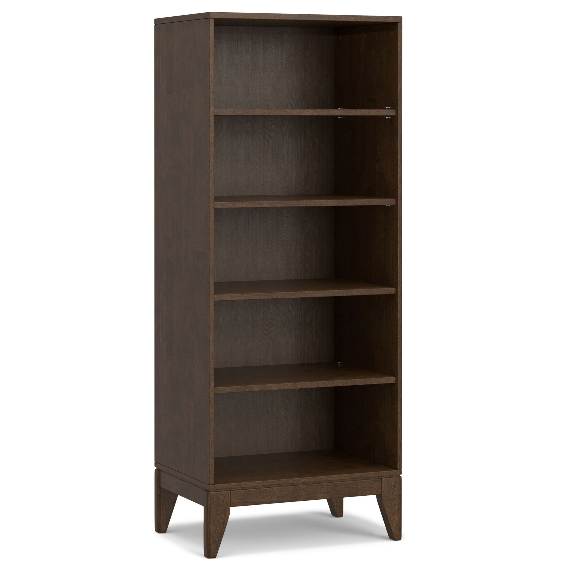 The Harper Handcrafted Bookcase With Storage is a tall, rectangular wooden shelf in a dark brown finish. It has four adjustable shelves, short angled legs, and features a simple, modern design.