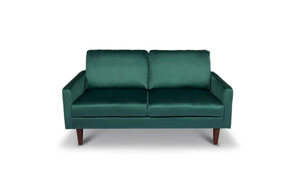 The Comfortable Loveseat With Durable Construction features modern green velvet upholstery, two seat and back cushions, angled armrests, and sturdy wooden legs, shown against a plain white background.