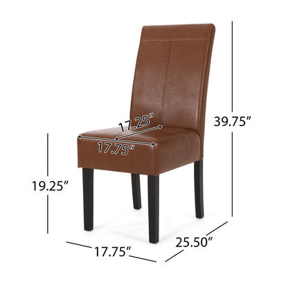 Pertica Dining Upholstered Armless Chairs (Set of 2) feature brown leather, black legs, 17.25"W x 17.75"D seats, seat height of 19.25", overall height of 39.75", front leg width of 17.75", and chair depth of 25.50".