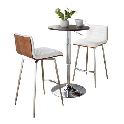 The Mason 3 Piece Swivel Mid Century Modern Counter Height Dining Set features a round dark wood adjustable table and two white cushioned chrome-leg stools, shown with a potted plant and cup on a white background.