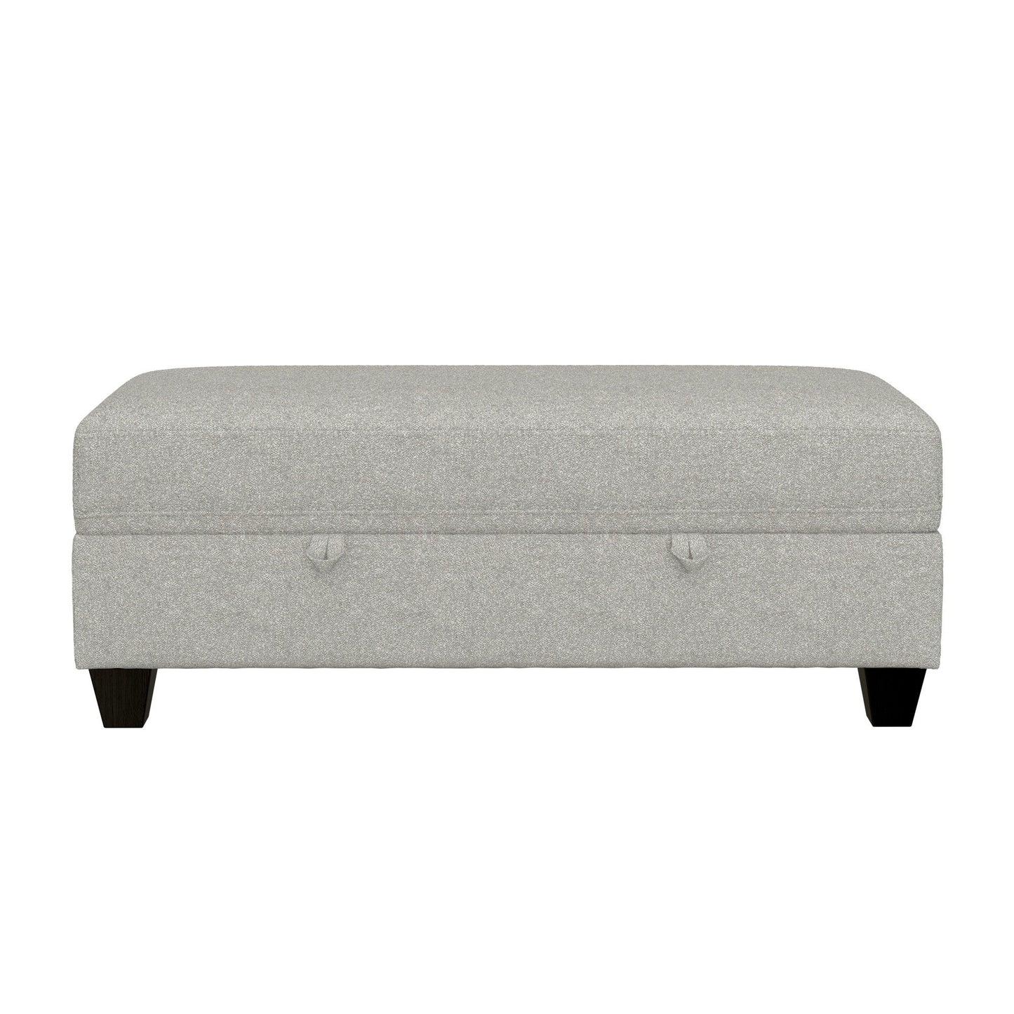 The Drason Storage Ottoman is rectangular, light gray, and upholstered, featuring short dark wooden legs and two small fabric handles on the front.