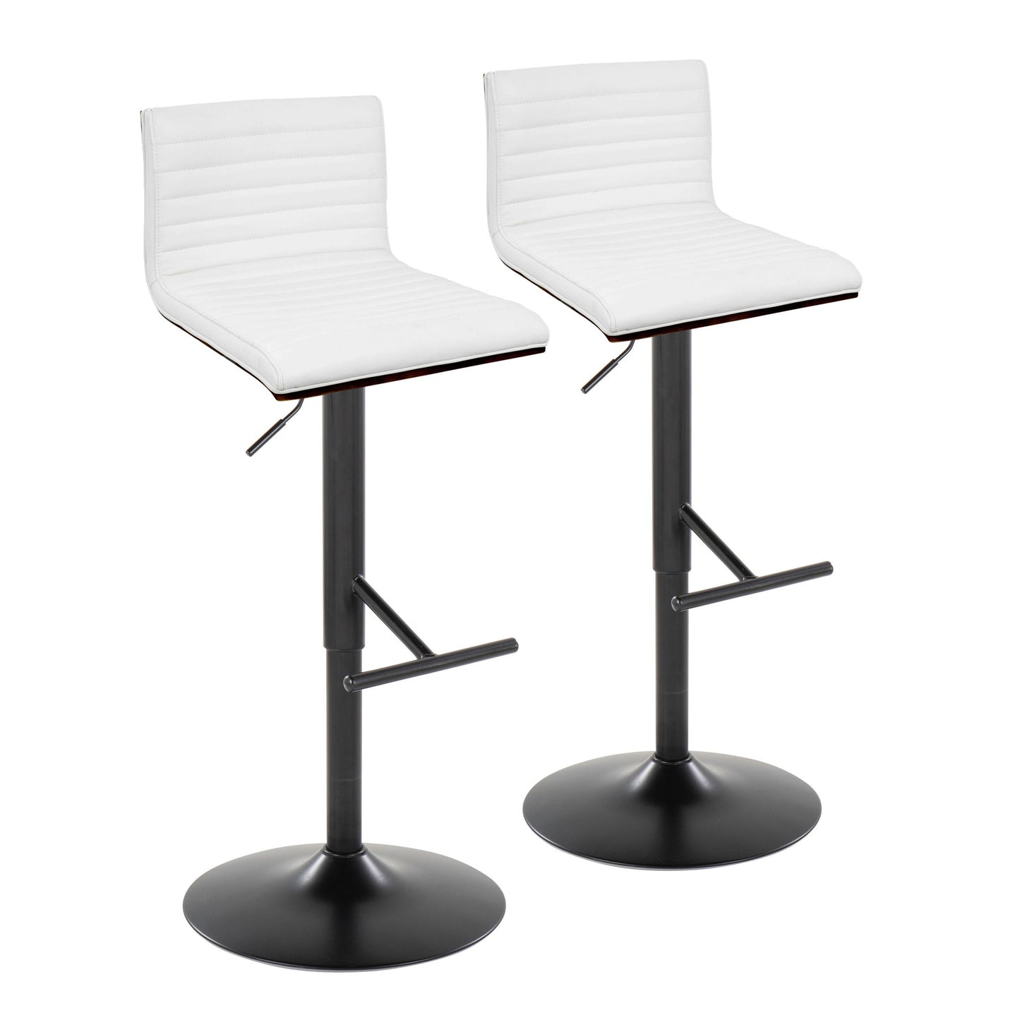 The Mason Contemporary Adjustable Barstool set includes two stools with white cushioned seats, black metal bases, swivel function, and straight T footrests, shown side by side against a white background.