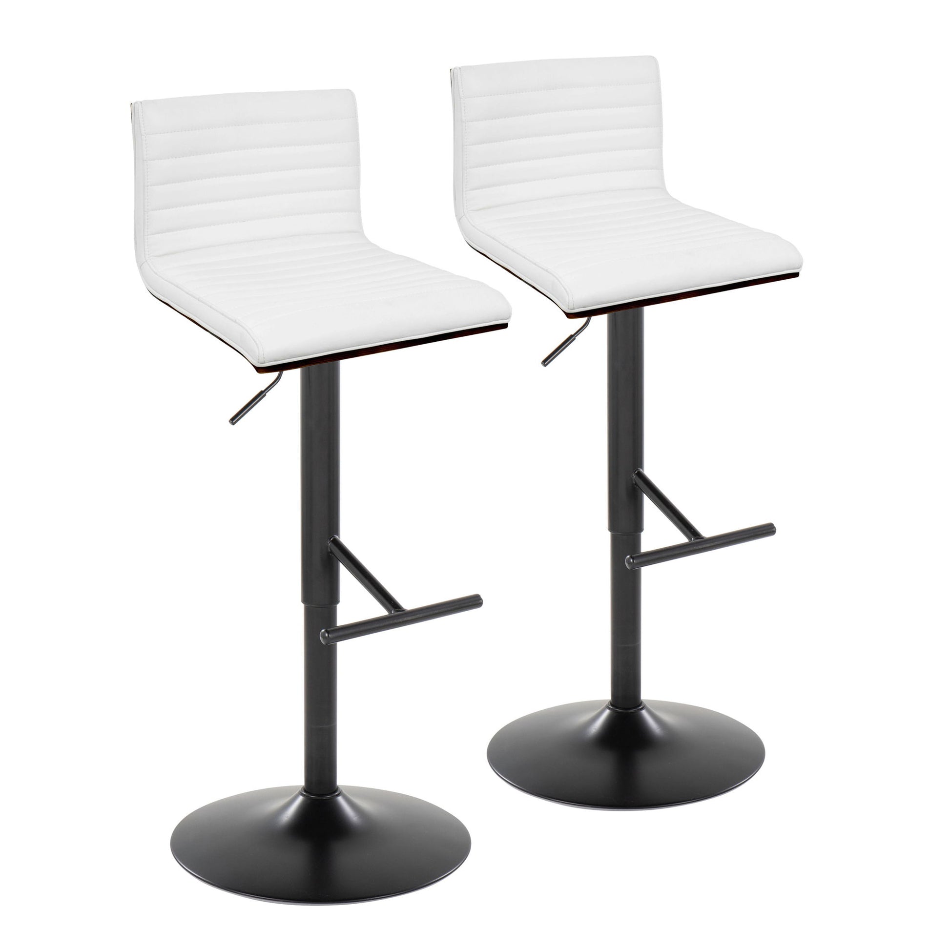 The Mason Contemporary Adjustable Barstool set includes two stools with white cushioned seats, black metal bases, swivel function, and straight T footrests, shown side by side against a white background.