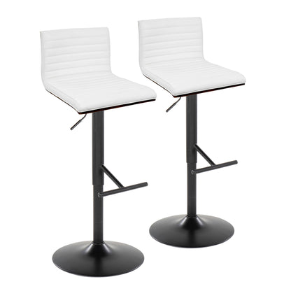 The Mason Contemporary Adjustable Barstool set includes two stools with white cushioned seats, black metal bases, swivel function, and straight T footrests, shown side by side against a white background.
