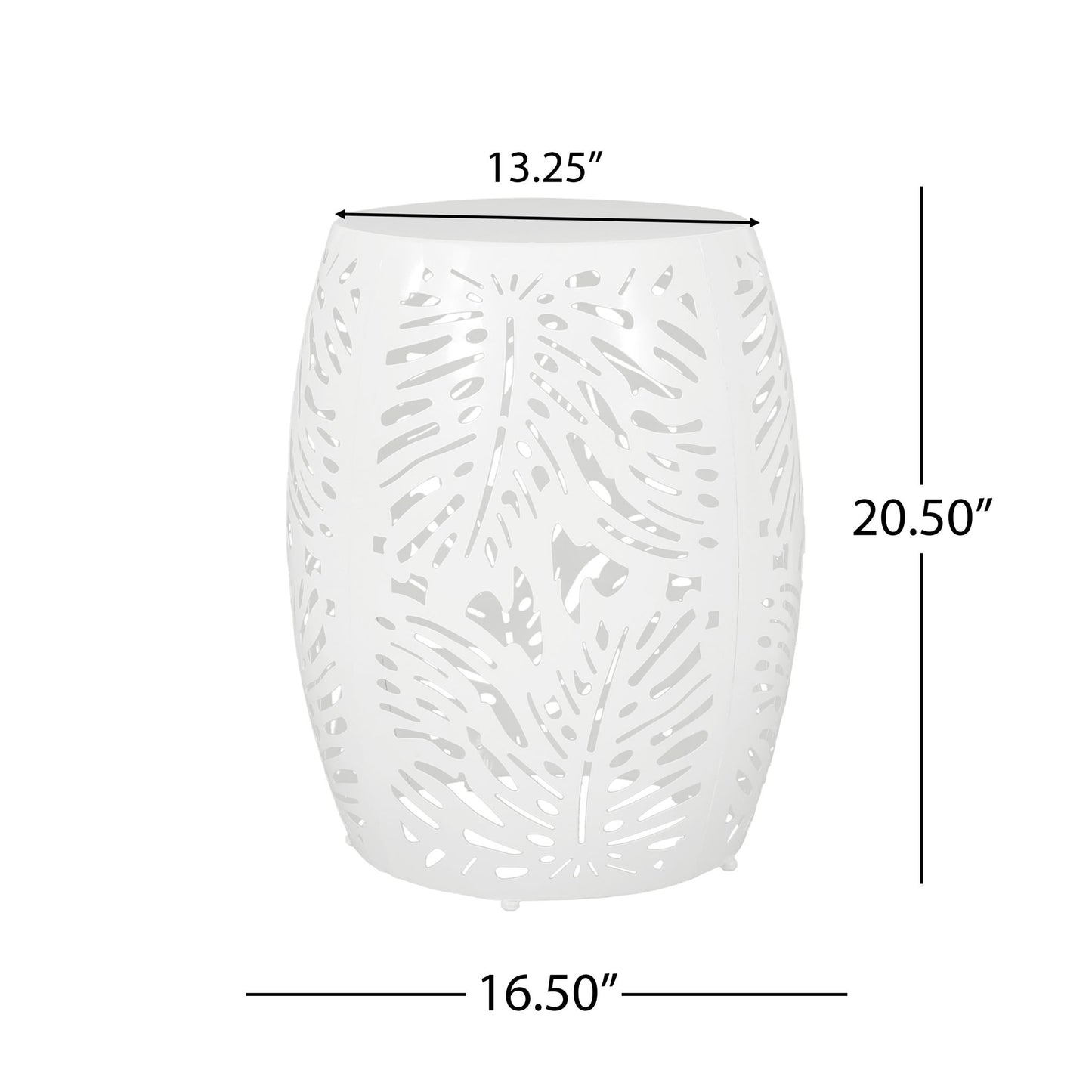 Modern Design Metal End Table, Large—white and barrel-shaped with leaf-pattern cutouts; 20.5" tall, 16.5" wide at the base, and 13.25" wide at the top.