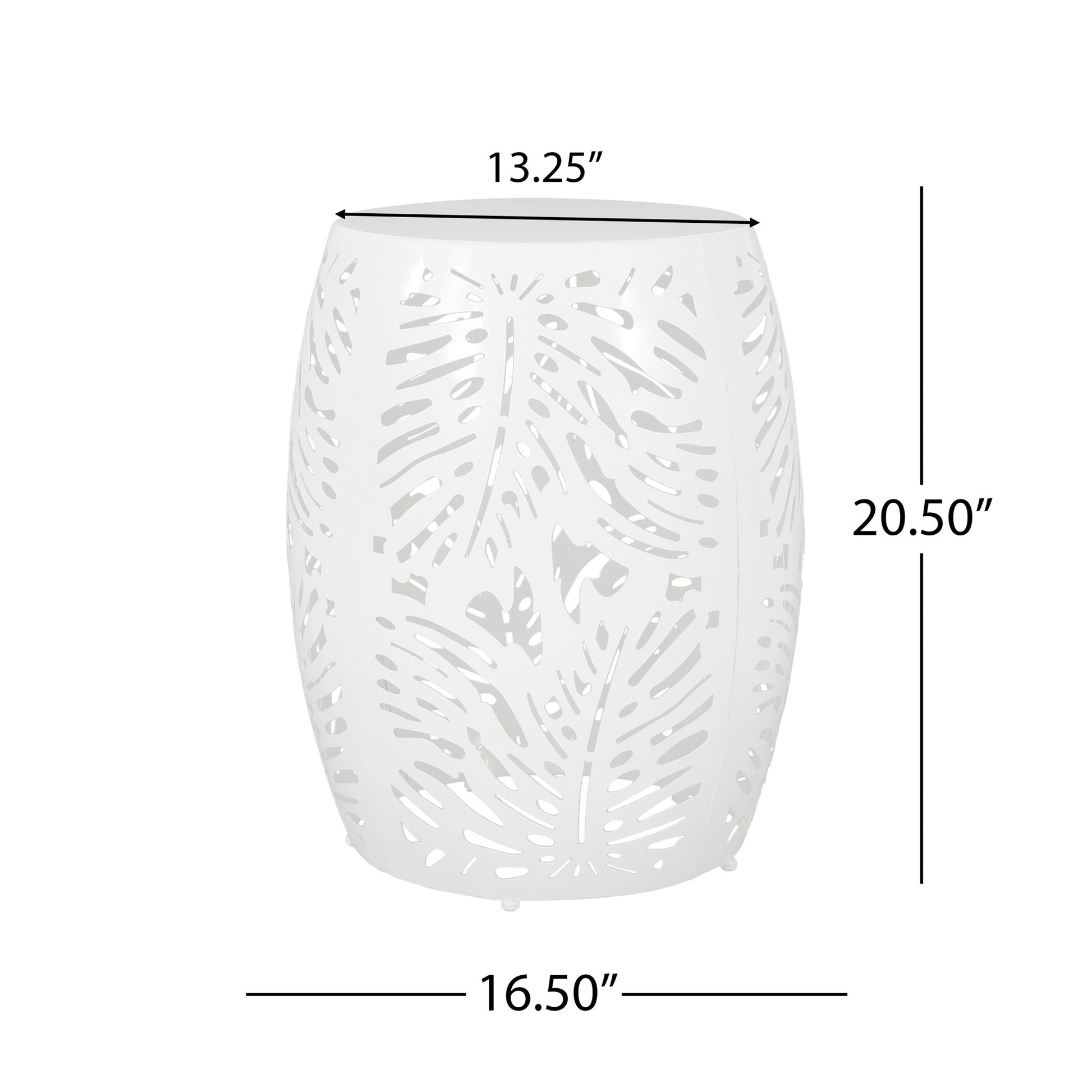 Modern Design Metal End Table, Large—white and barrel-shaped with leaf-pattern cutouts; 20.5" tall, 16.5" wide at the base, and 13.25" wide at the top.