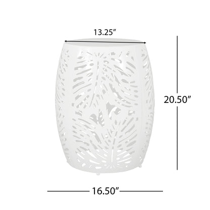 Modern Design Metal End Table, Large—white and barrel-shaped with leaf-pattern cutouts; 20.5" tall, 16.5" wide at the base, and 13.25" wide at the top.