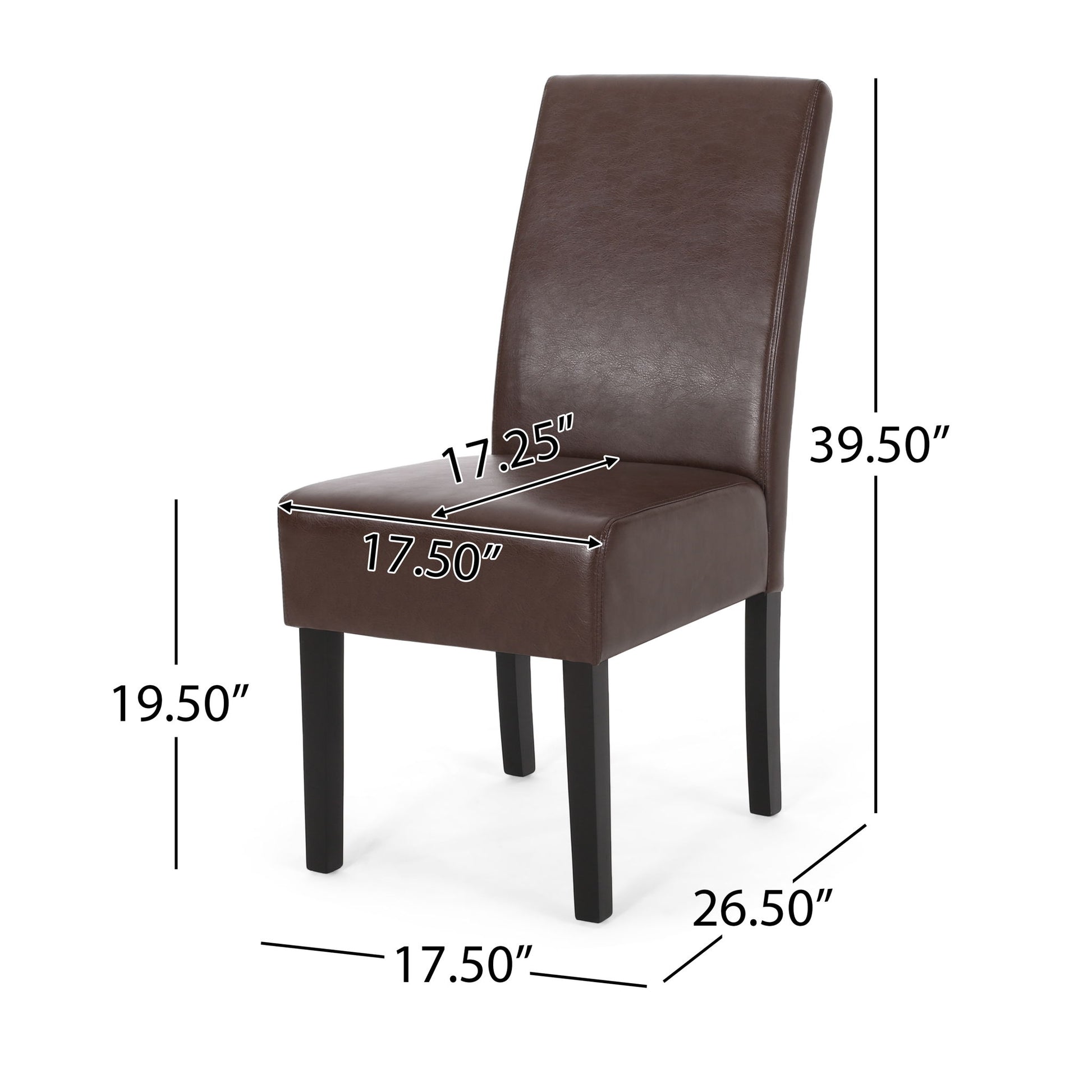 The Contemporary Dining Chair With Rubberwood Legs (Set of 2) features brown upholstery, black legs, and measures 39.5" tall, 26.5" deep, with a seat height of 19.5", seat width of 17.5", and seat depth of 17.25".