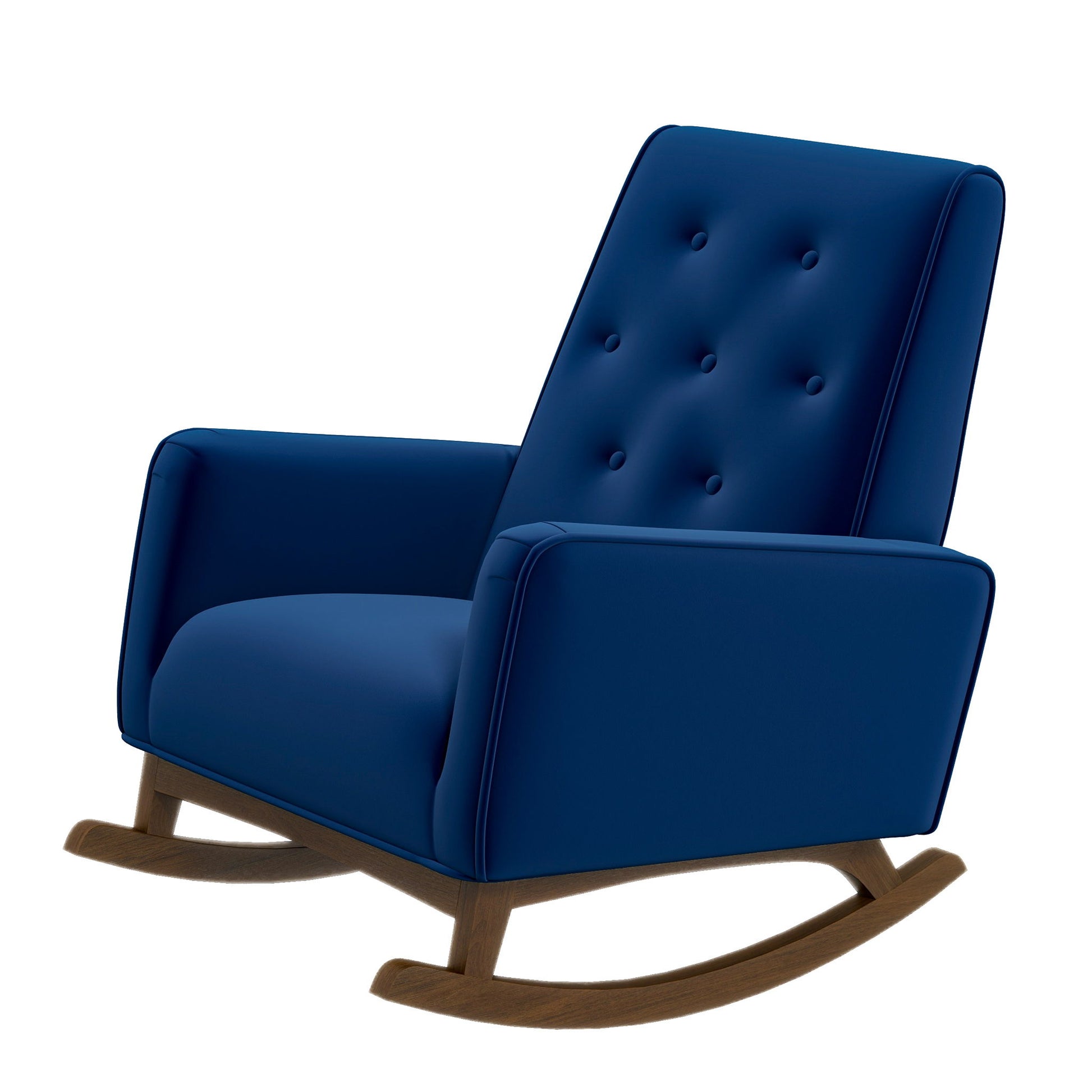 The Demetrius Solid Wood Rocking Chair features blue upholstery, a high tufted backrest, and wooden curved rockers, shown against a white background.