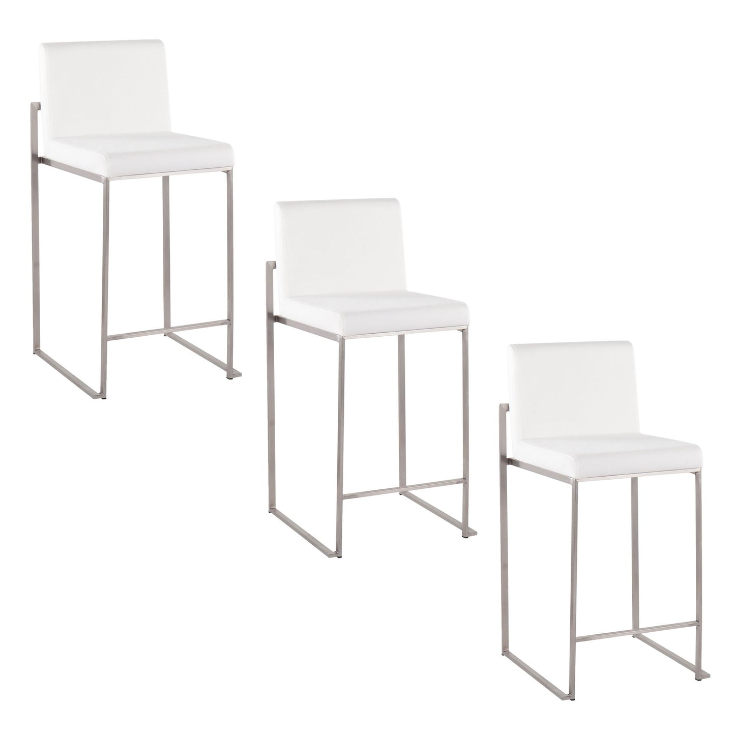 Three Fuji Contemporary High Back Counter Stools with functional design and metal legs are arranged in a staggered formation against a plain white background.