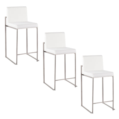 Three Fuji Contemporary High Back Counter Stools with functional design and metal legs are arranged in a staggered formation against a plain white background.