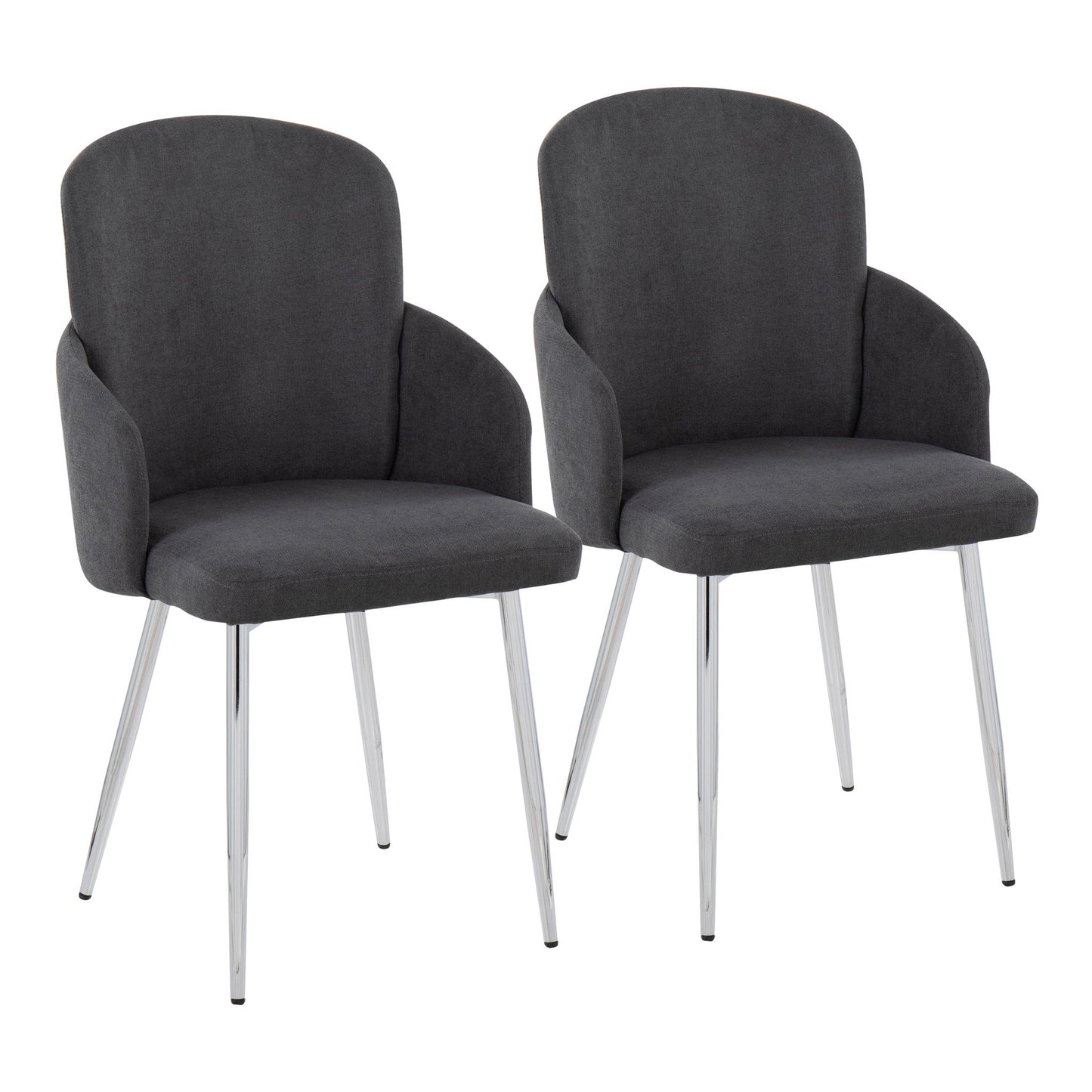 The Dahlia Contemporary Dining Chair set includes two chairs with dark gray upholstered seats and backs, curved armrests, and four chrome-finished, angled metal legs, displayed against a white background.