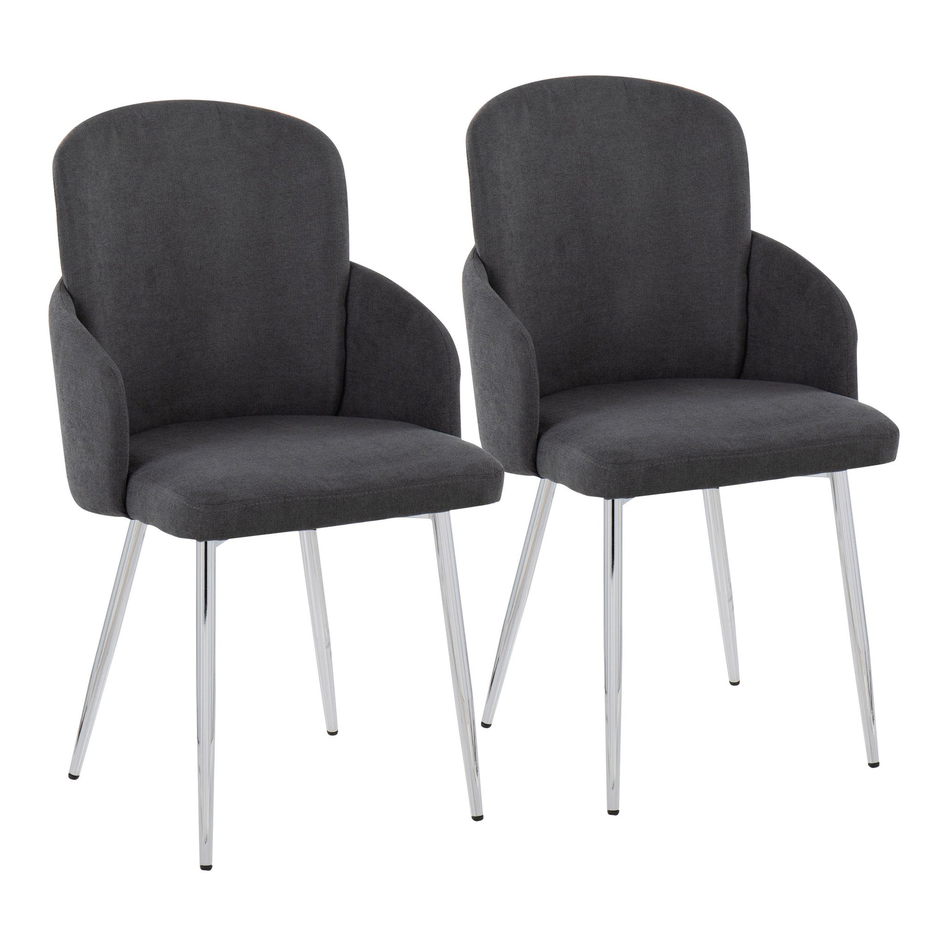 The Dahlia Contemporary Dining Chair set includes two chairs with dark gray upholstered seats and backs, curved armrests, and four chrome-finished, angled metal legs, displayed against a white background.