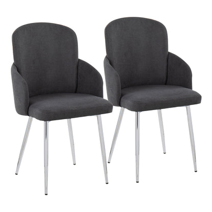 The Dahlia Contemporary Dining Chair set includes two chairs with dark gray upholstered seats and backs, curved armrests, and four chrome-finished, angled metal legs, displayed against a white background.