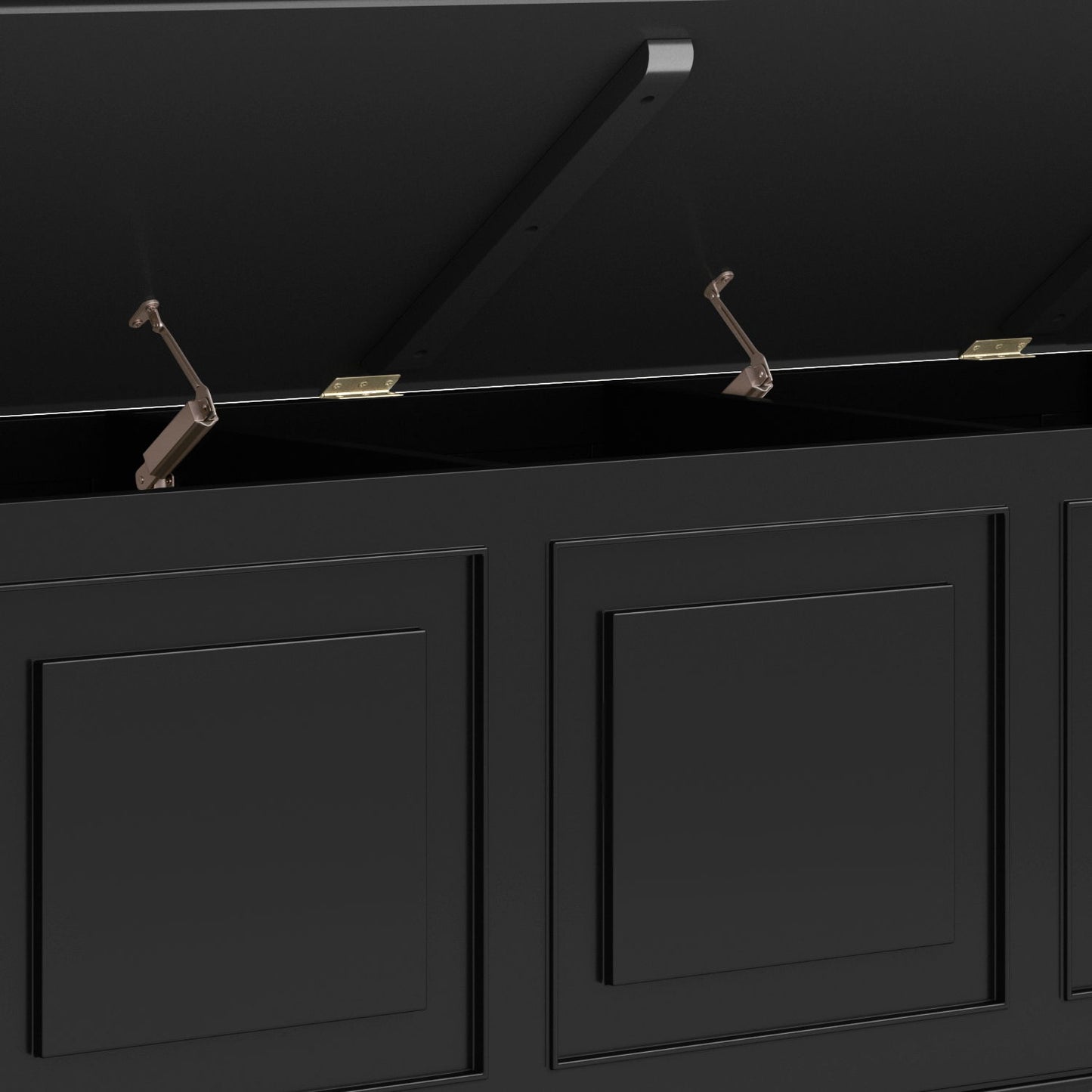 A close-up of the Connaught Handcrafted Storage Bench Trunk in black, showing its hinged lid open with metal support arms and detailed front panel design.