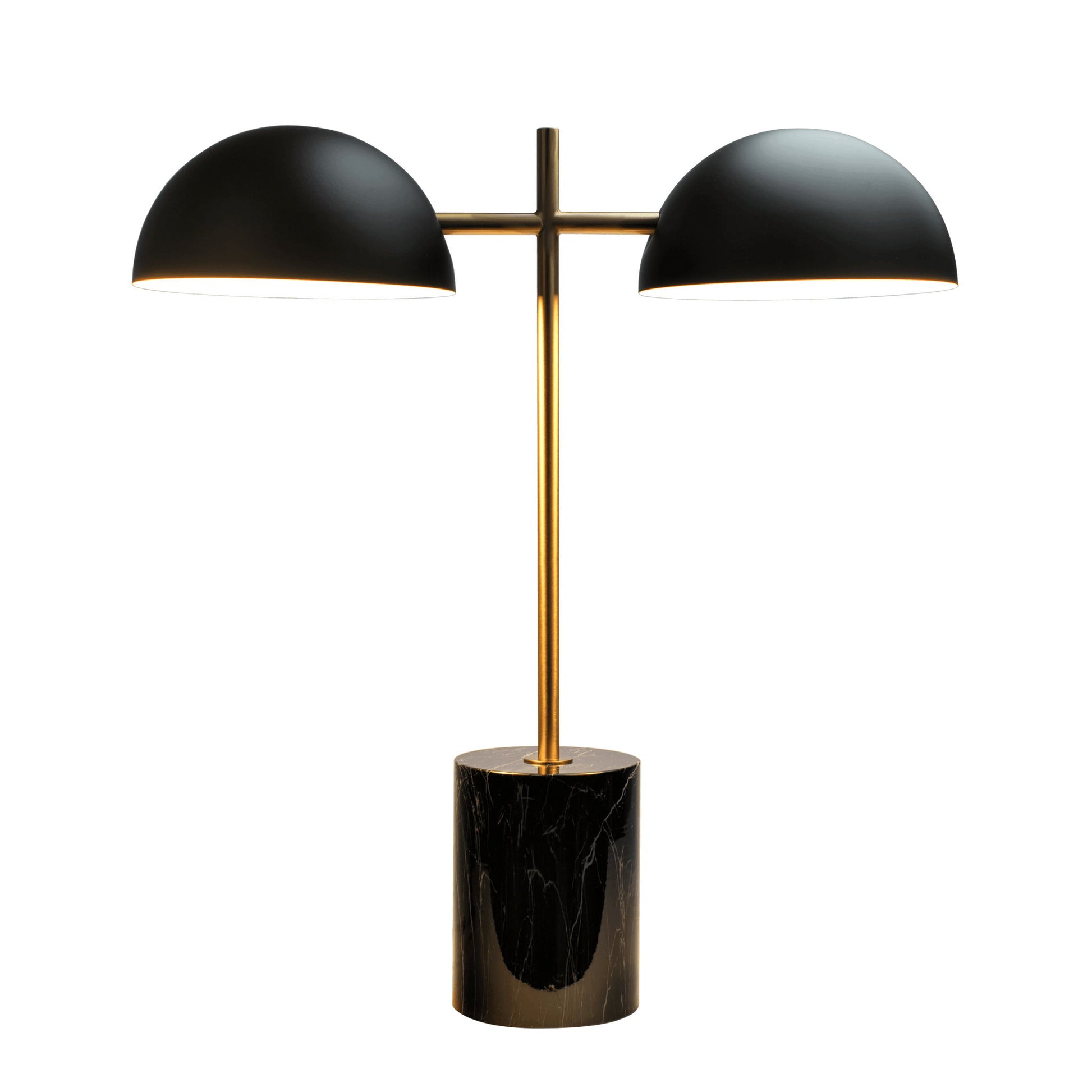 The Nova Hydro Table Lamp features a cylindrical black marble base, gold vertical stem, and two horizontally-branching black dome shades, with an on/off switch.