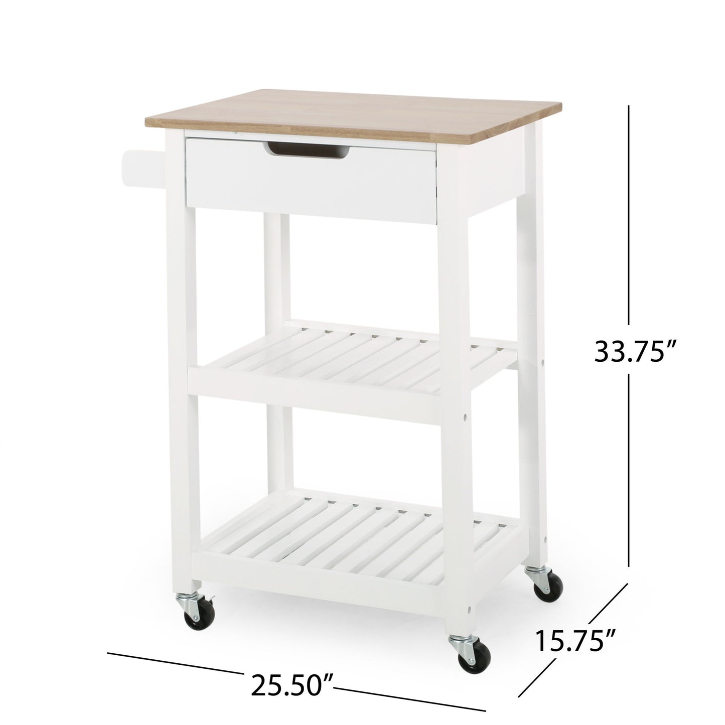 The Tattnall Kitchen Cart With Wheels features a white finish, natural wood top, one drawer, two slatted shelves, a side handle, and four black caster wheels. Dimensions: 33.75"H x 25.5"W x 15.75"D.