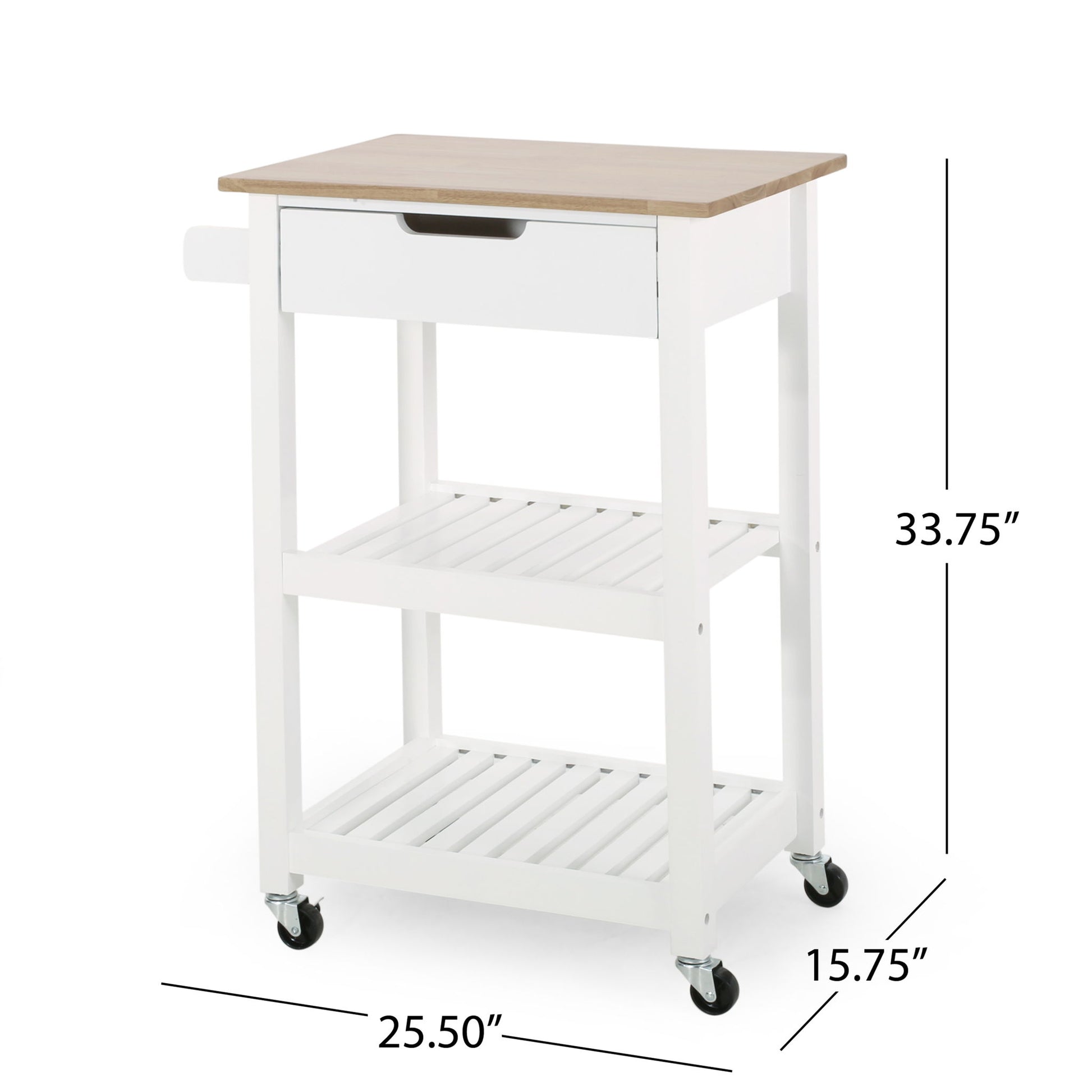 The Tattnall Kitchen Cart With Wheels features a white finish, natural wood top, one drawer, two slatted shelves, a side handle, and four black caster wheels. Dimensions: 33.75"H x 25.5"W x 15.75"D.