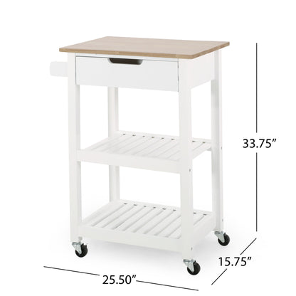 The Tattnall Kitchen Cart With Wheels features a white finish, natural wood top, one drawer, two slatted shelves, a side handle, and four black caster wheels. Dimensions: 33.75"H x 25.5"W x 15.75"D.