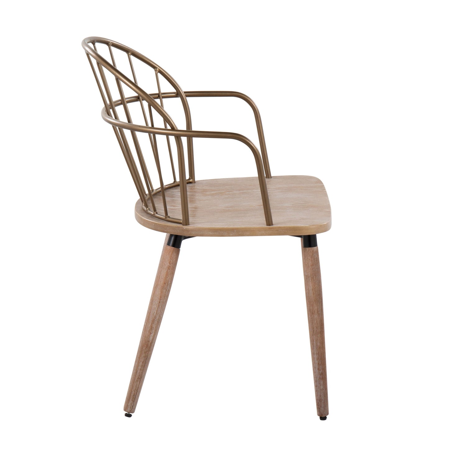 The Riley - Farmhouse Office Chair features a wooden seat and legs with a metal backrest and armrests in a geometric open design, shown in a side view against a white background.