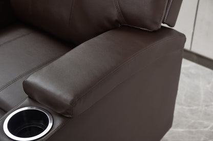 Close-up of the Modern Recliner Chair With Cup Holders, Remote Control, highlighting its brown leather armrest with built-in cup holder and part of the seat and backrest on a light-colored tiled floor.