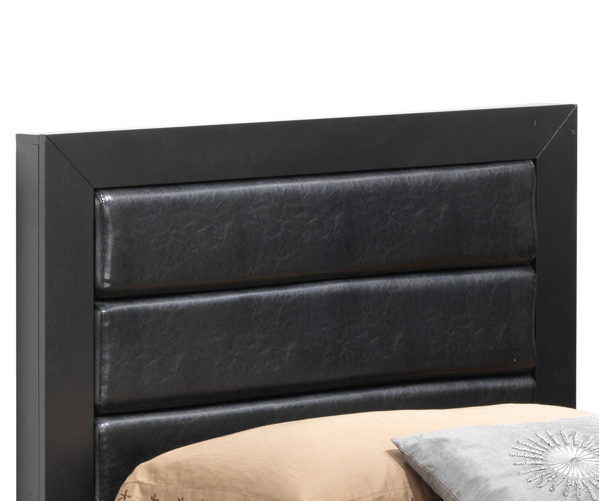 A close-up of the Transitional Modern Design Bed featuring a black padded headboard with horizontal panels, paired with tan and gray bedding.
