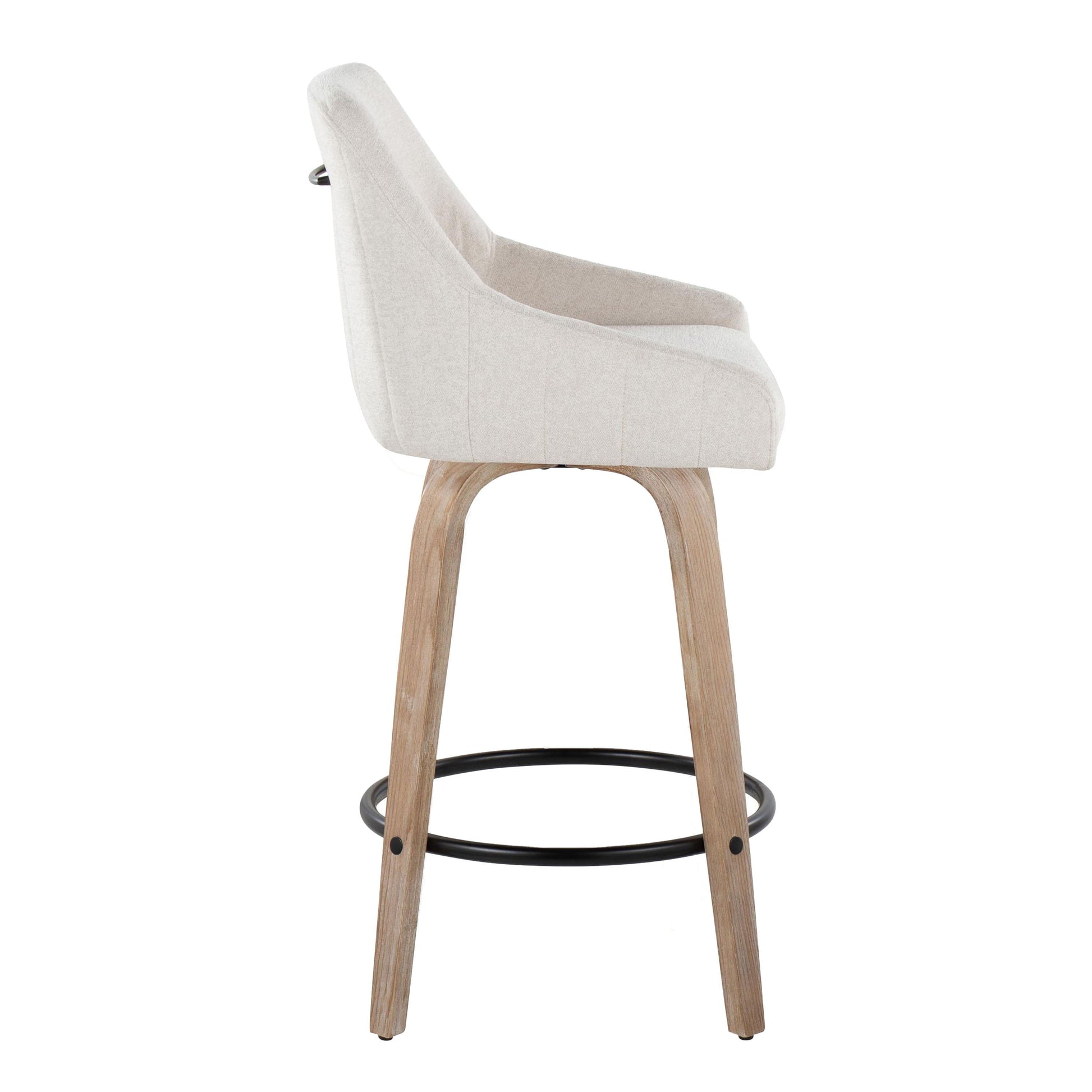 Side view of the Hannah Transitional Fixed Height Counter Stool with swivel, set of 2, featuring a light beige upholstered seat, wooden legs, and a black round metal footrest.