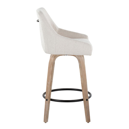 Side view of the Hannah Transitional Fixed Height Counter Stool with swivel, set of 2, featuring a light beige upholstered seat, wooden legs, and a black round metal footrest.