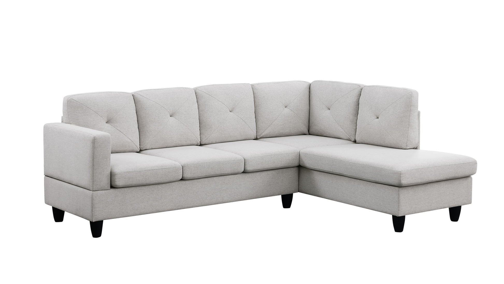 The Santiago - Linen Sectional Sofa With Right Facing Chaise features a light gray L-shape, tufted back cushions, three seat cushions, a right-side chaise lounge, and short black legs.