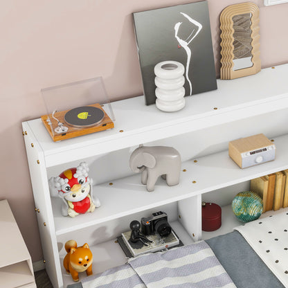 A Floor Bed With L-Shaped Bookcases, Sliding Doors, Without Slats is styled with a vinyl record player, abstract art, white vase, grey elephant figurine, toy dog and cat, books, vintage camera, and decorative objects above the bed.