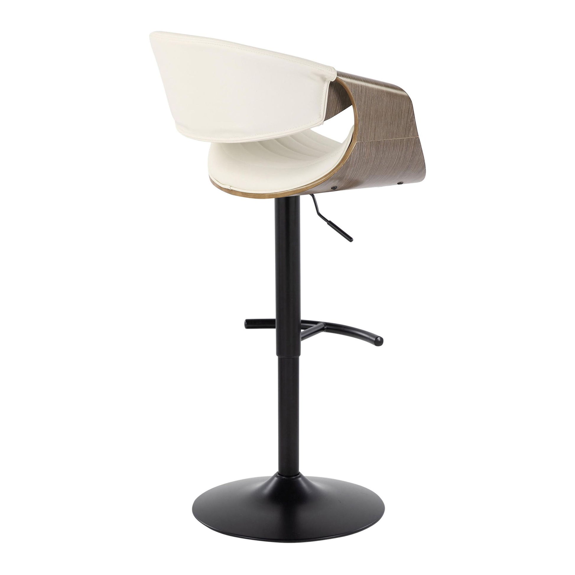 The Symphony Mid Century Modern Adjustable Barstool features a curved wood and white seat, black metal base, swivel, and rounded T footrest—shown here from the back.