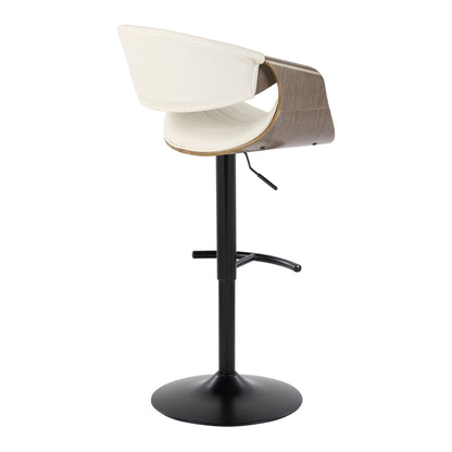 The Symphony Mid Century Modern Adjustable Barstool features a curved wood and white seat, black metal base, swivel, and rounded T footrest—shown here from the back.