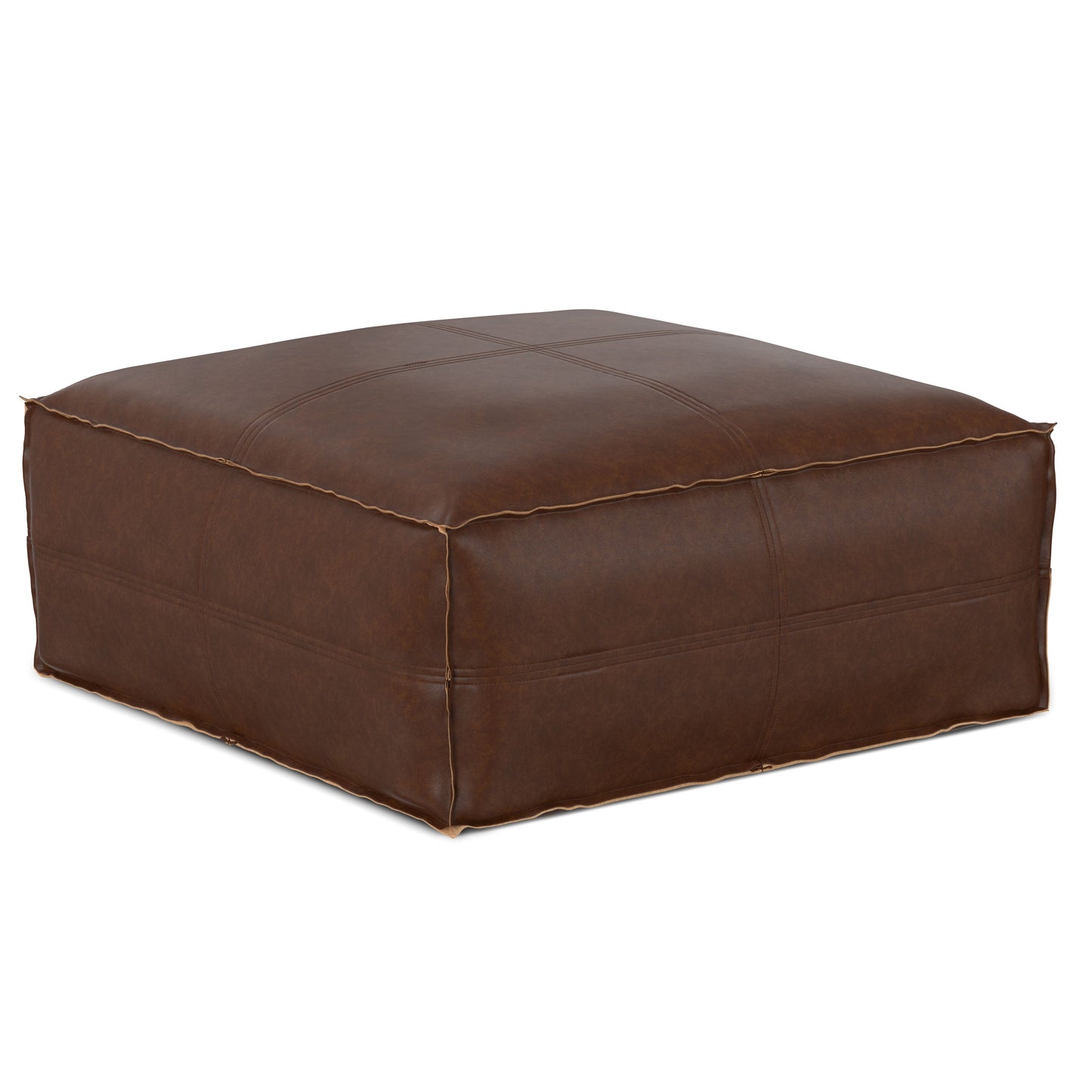 The Brody Large Square Coffee Table Pouf features brown leather, visible stitching, and a soft cushioned top, shown against a white background.