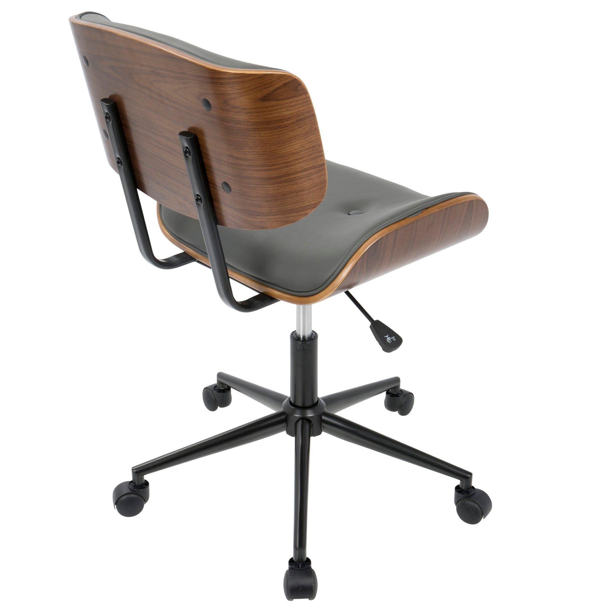 The Lombardi Mid Century Modern Adjustable Office Chair features a curved wooden back and seat, black cushioning, metal arm supports, adjustable height lever, and a five-wheel black base, shown from the back.