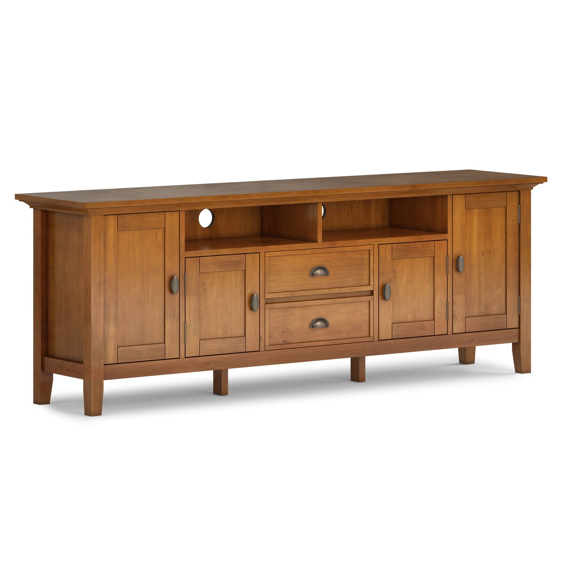 The Redmond - Handcrafted TV Media Stand features a medium brown wood finish, two cabinets with doors, two open shelves, two center drawers, rectangular lines, and black metal handles.