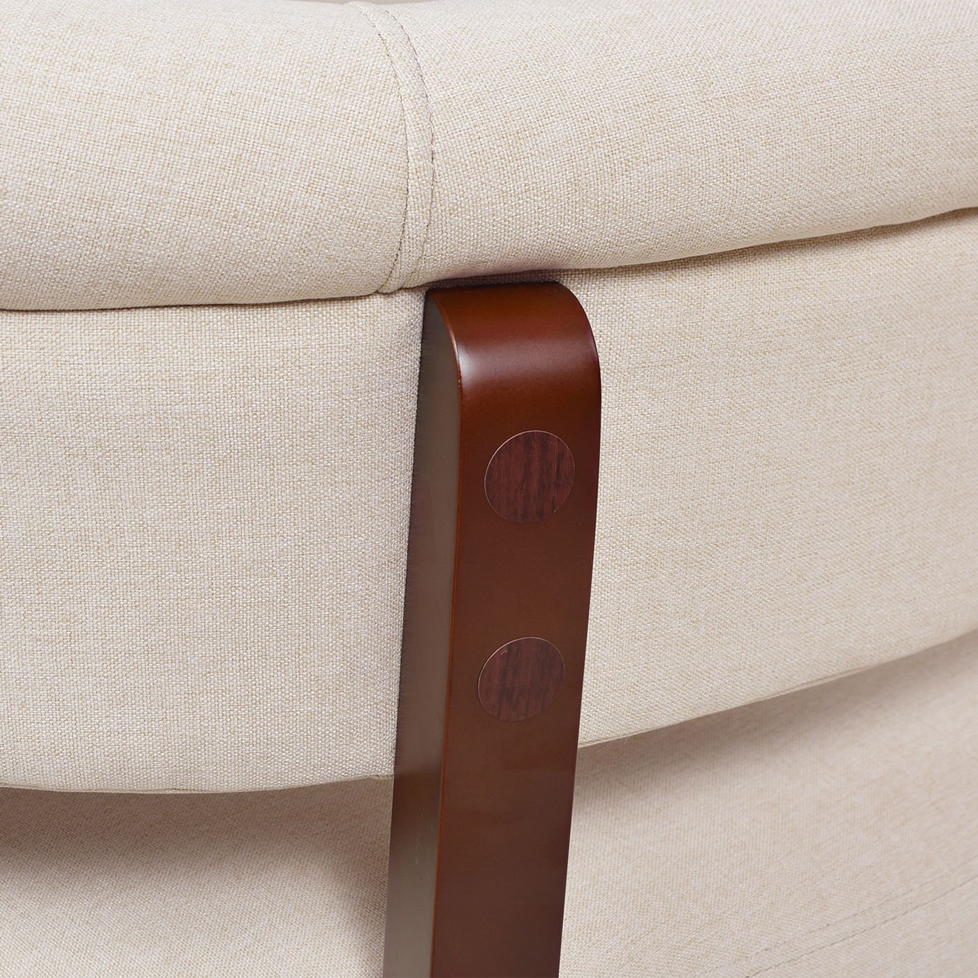 Close-up of the Jared - Versatile Roll Arm Tufted Bench Settee, featuring beige upholstery and a curved wooden armrest with two round wooden accents.