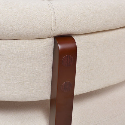 Close-up of the Jared - Versatile Roll Arm Tufted Bench Settee, featuring beige upholstery and a curved wooden armrest with two round wooden accents.
