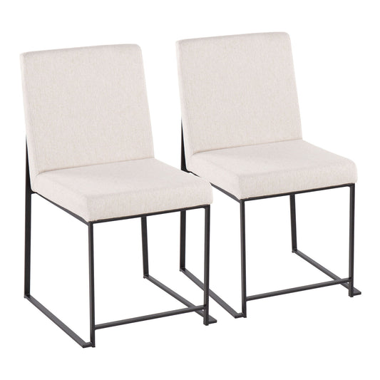 The Fuji - Contemporary Modern Elegance With High Back Dining Chair (Set of 2) features light beige upholstered seats and backs, black metal frames, and square legs, shown side by side against a white background.