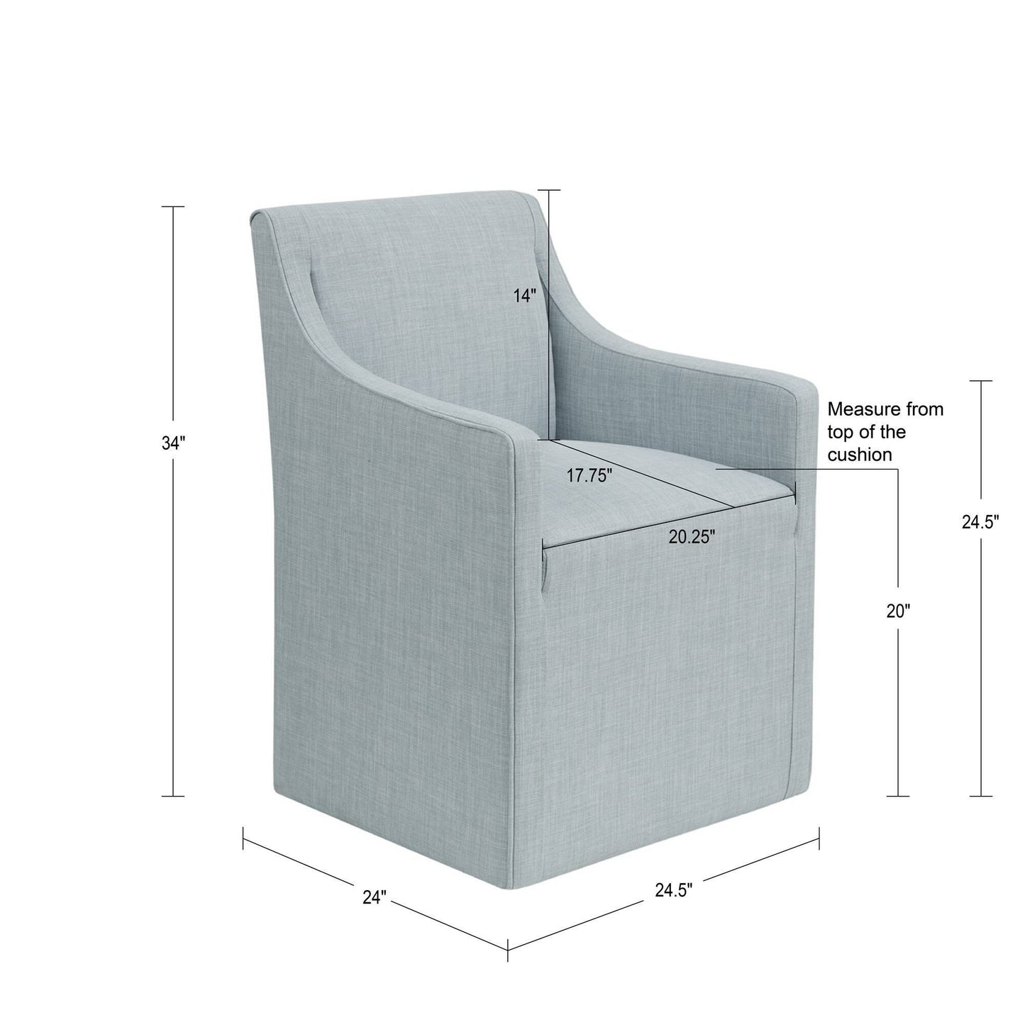 The Traditional Skirted Dining Arm Chair features light blue upholstery, a straight back, and enclosed sides. Dimensions: 34"H x 24.5"D x 24"W; backrest 14", seat depth 17.75", seat width 20.25", seat height 20".