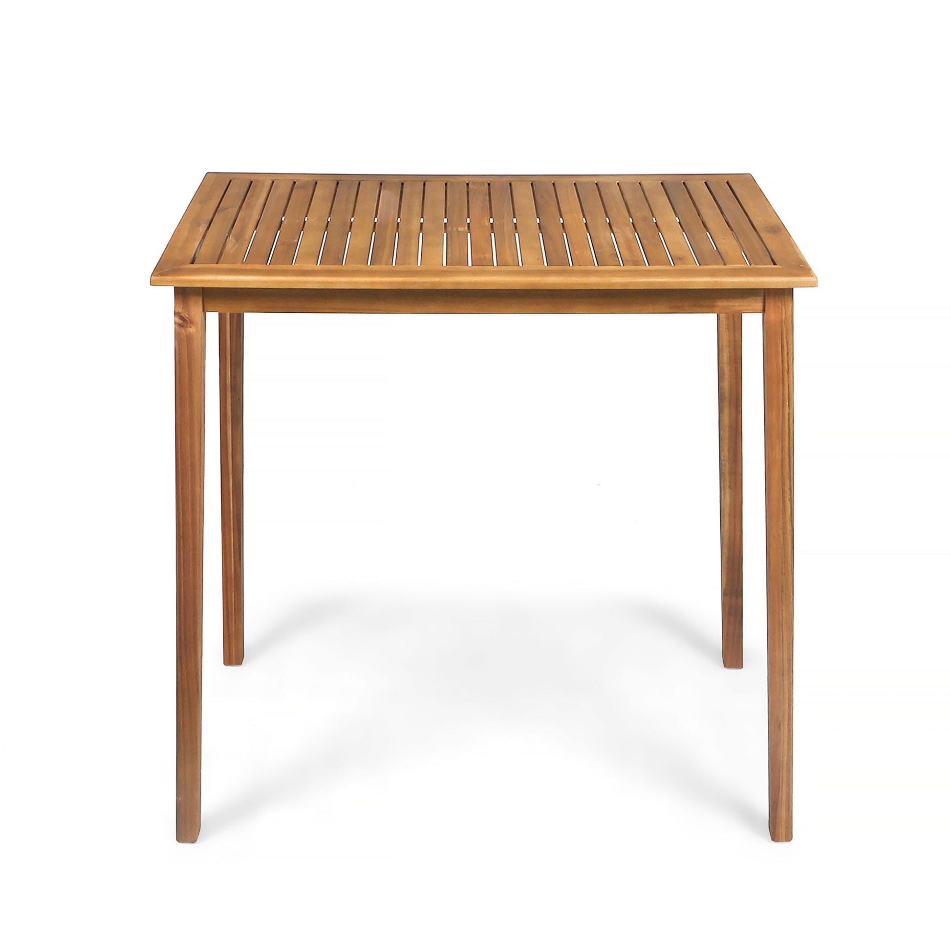 An Outdoor Minimalist Acacia Wood Rectangle Bar Table with a slatted top and four straight legs, shown against a white background.