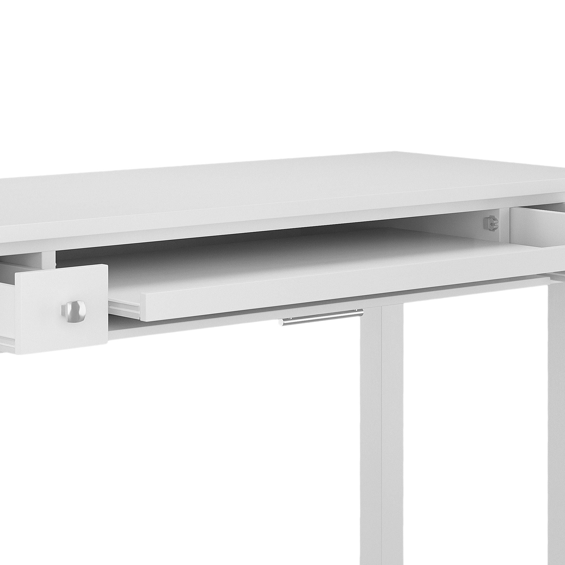 The Avalon Handcrafted Writing Office Desk features a clean, modern design with a partially open drawer and pull-out keyboard tray, showcasing its elegant white finish and simple lines.