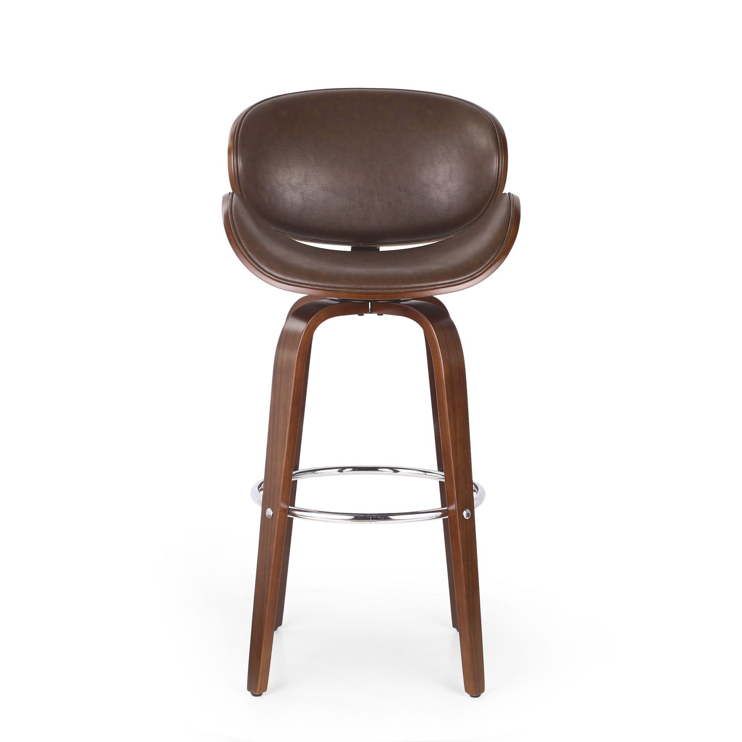The Lumos Mid Century Modern Upholstered Swivel Barstool features a curved brown leather seat, wooden legs, and a chrome footrest, displayed against a plain white background.