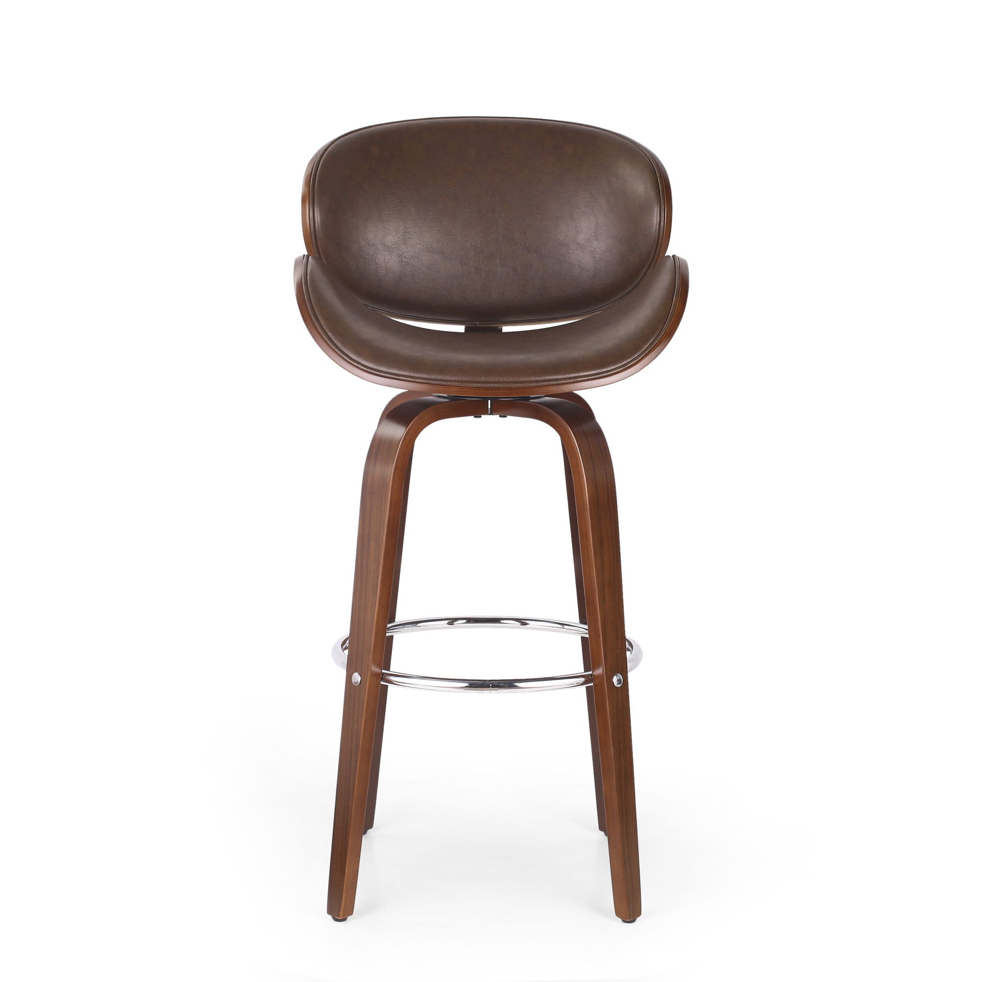 The Lumos Mid Century Modern Upholstered Swivel Barstool features a curved brown leather seat, wooden legs, and a chrome footrest, displayed against a plain white background.