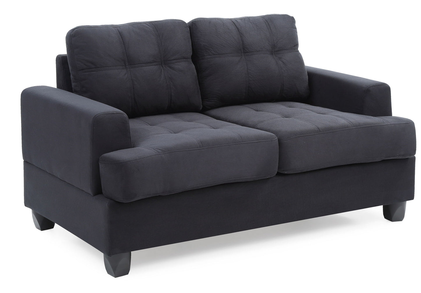 The Stylish Transitional Loveseat For Two features plush, tufted cushions, armrests, and short square legs in a modern black design.