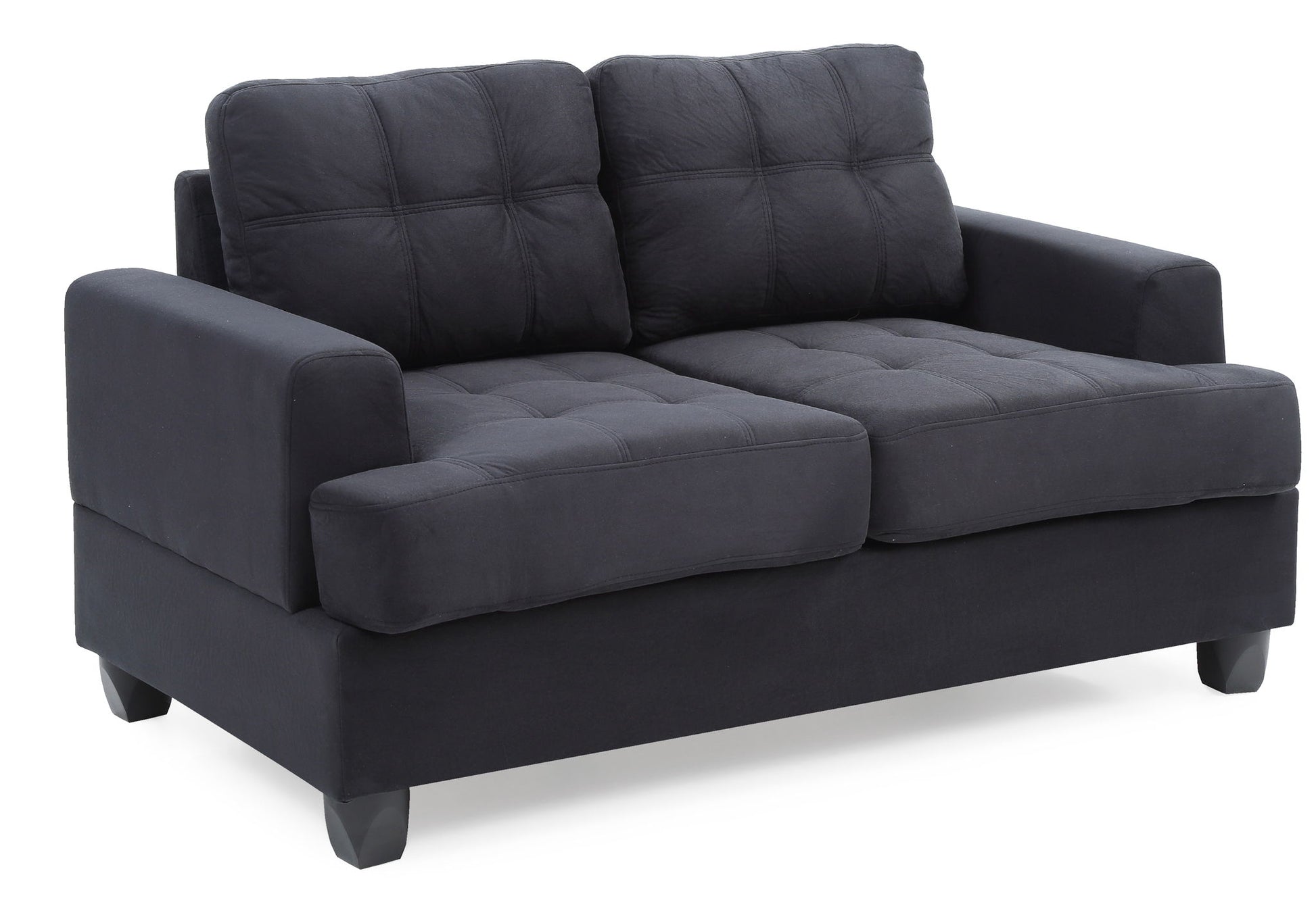 The Stylish Transitional Loveseat For Two features plush, tufted cushions, armrests, and short square legs in a modern black design.